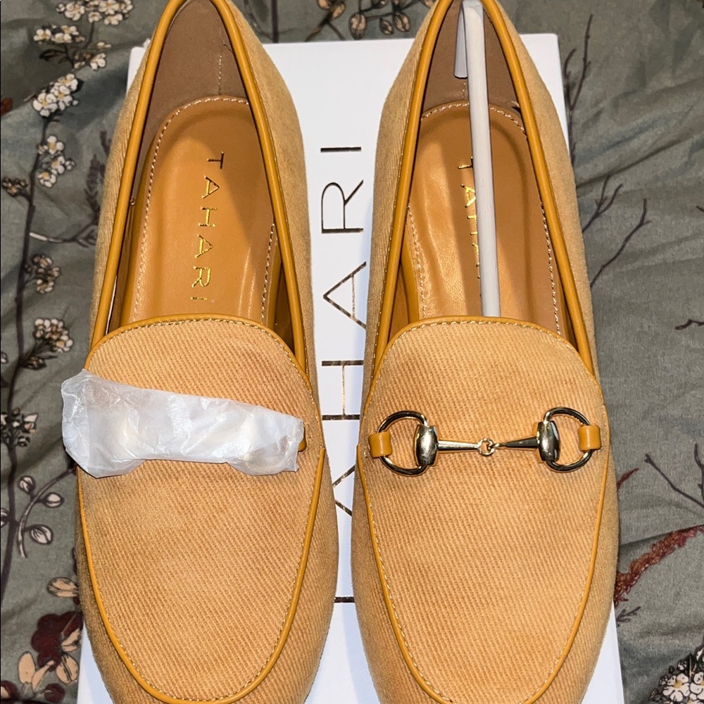 Tahari Yellow-Tan Loafers with Gold Bit Accent